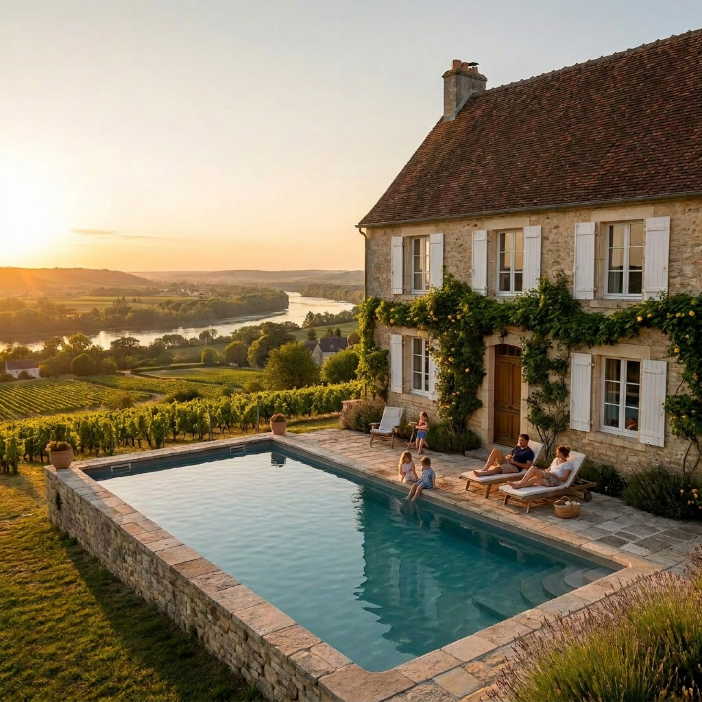 The 15-meter thermal pool under an open sky, fed by a natural spring, reflecting the surrounding cypress hedges and water at 34 degrees.
