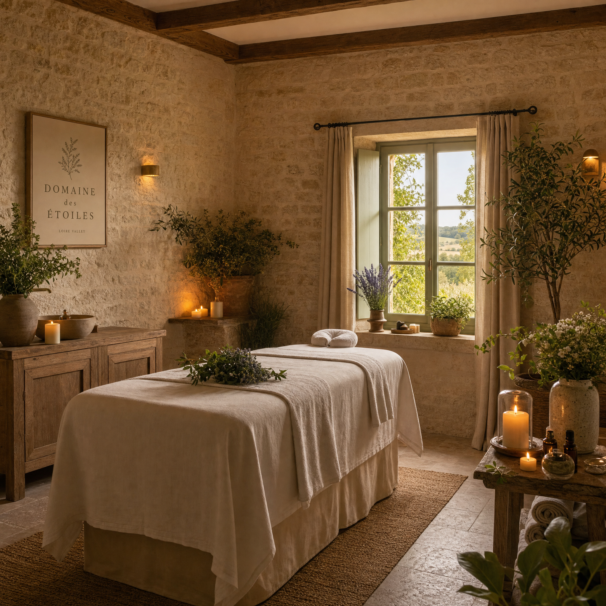 A spa treatment room lit by beeswax candles, showing the Moonflower Serenity ritual setup with botanical elements and a skylight.