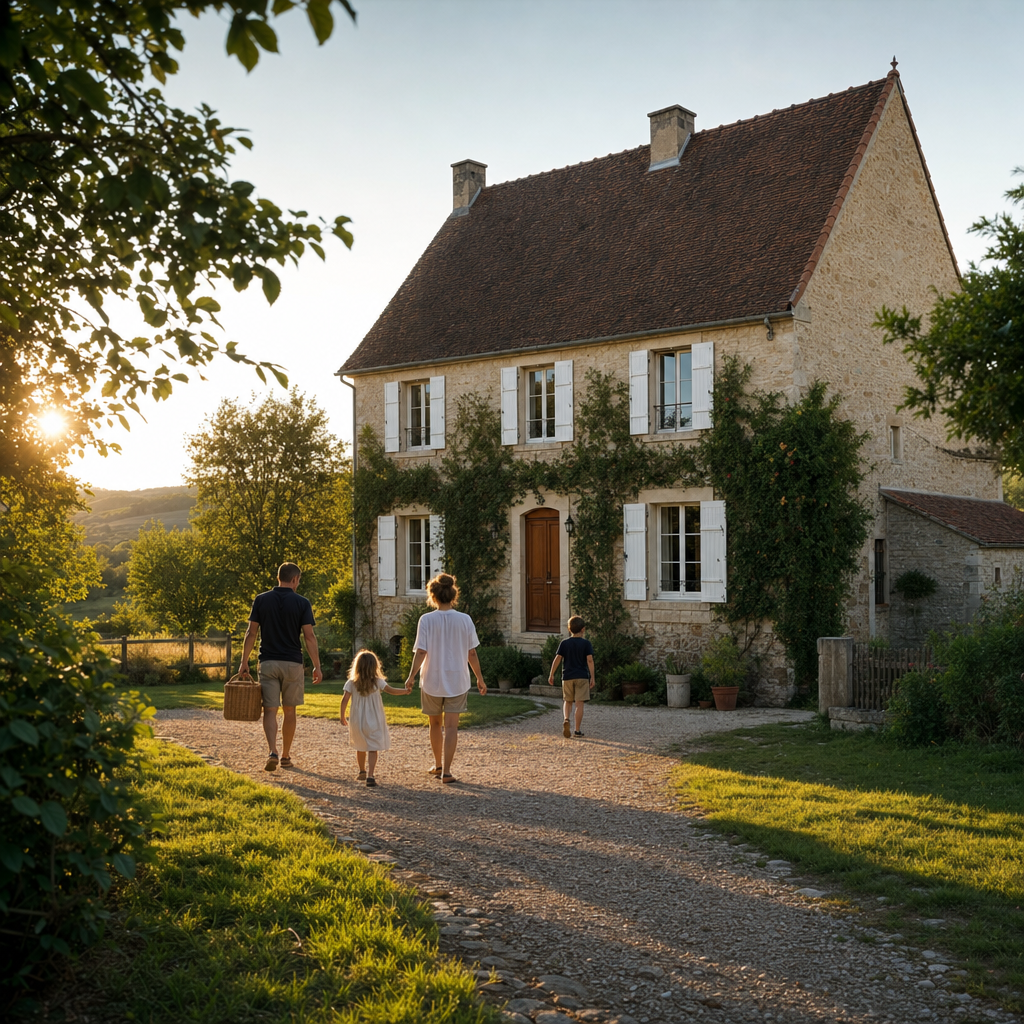 A private villa perched above the Loire vineyards at dusk, with a family visible on the terrace.