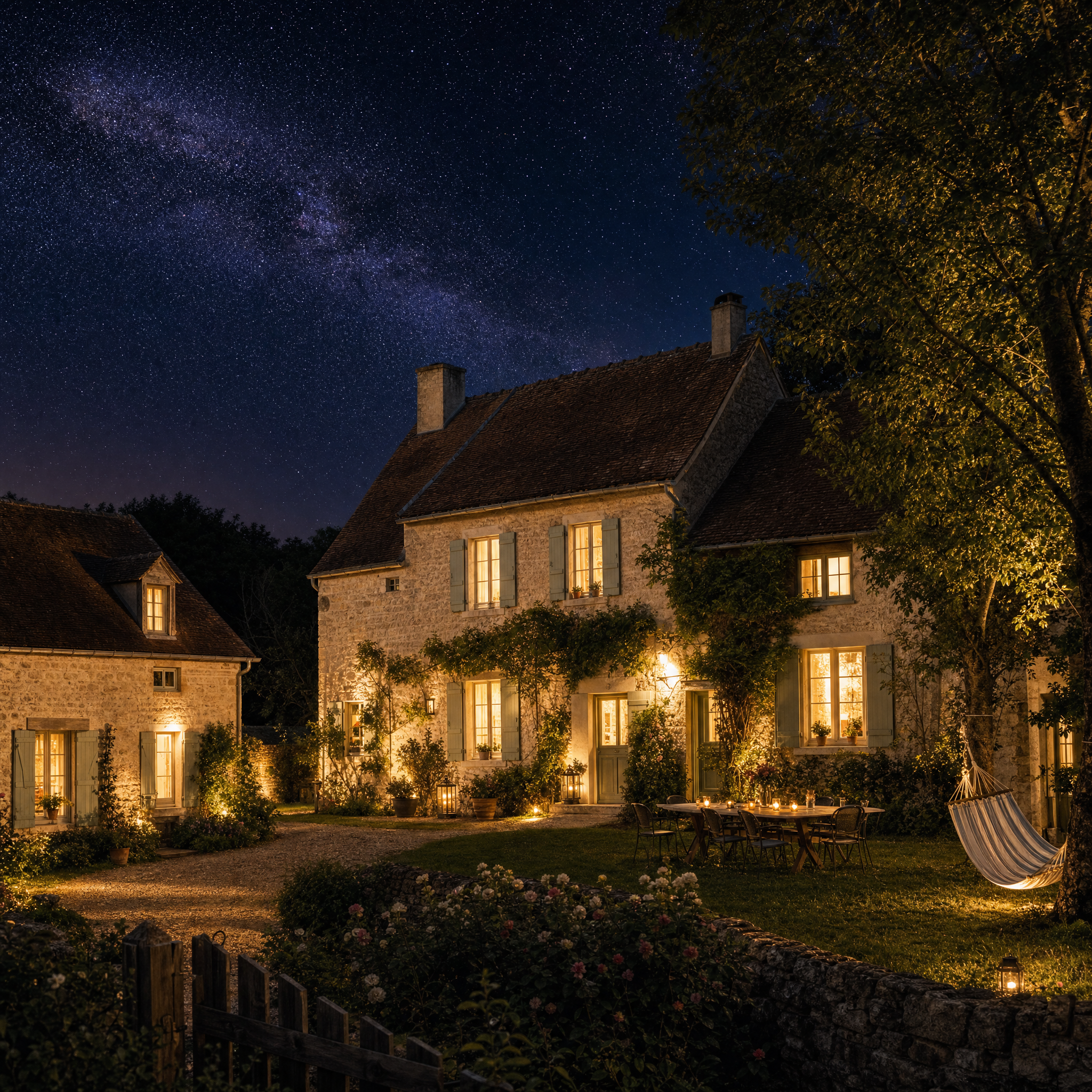 The terraced observatory illuminated at night, viewed through the vineyards along the approach path.